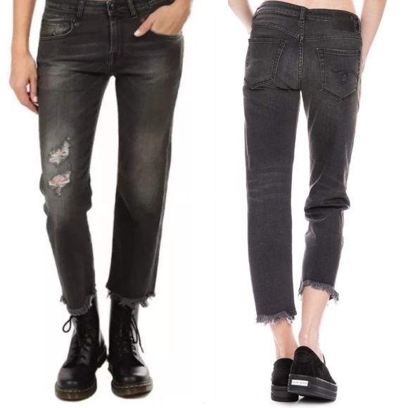R13 Boy Straight Distressed Frayed Mid Rise Jeans in Black Wash Size 26 $398 - Picture 2 of 11